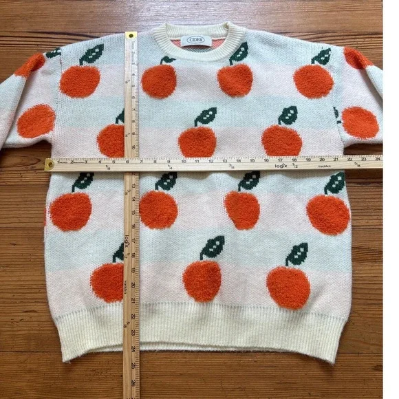 Cider Orange Fruit Sweater Women Cream Good Textured Pom Knit SIZE M/L - Picture 5 of 7